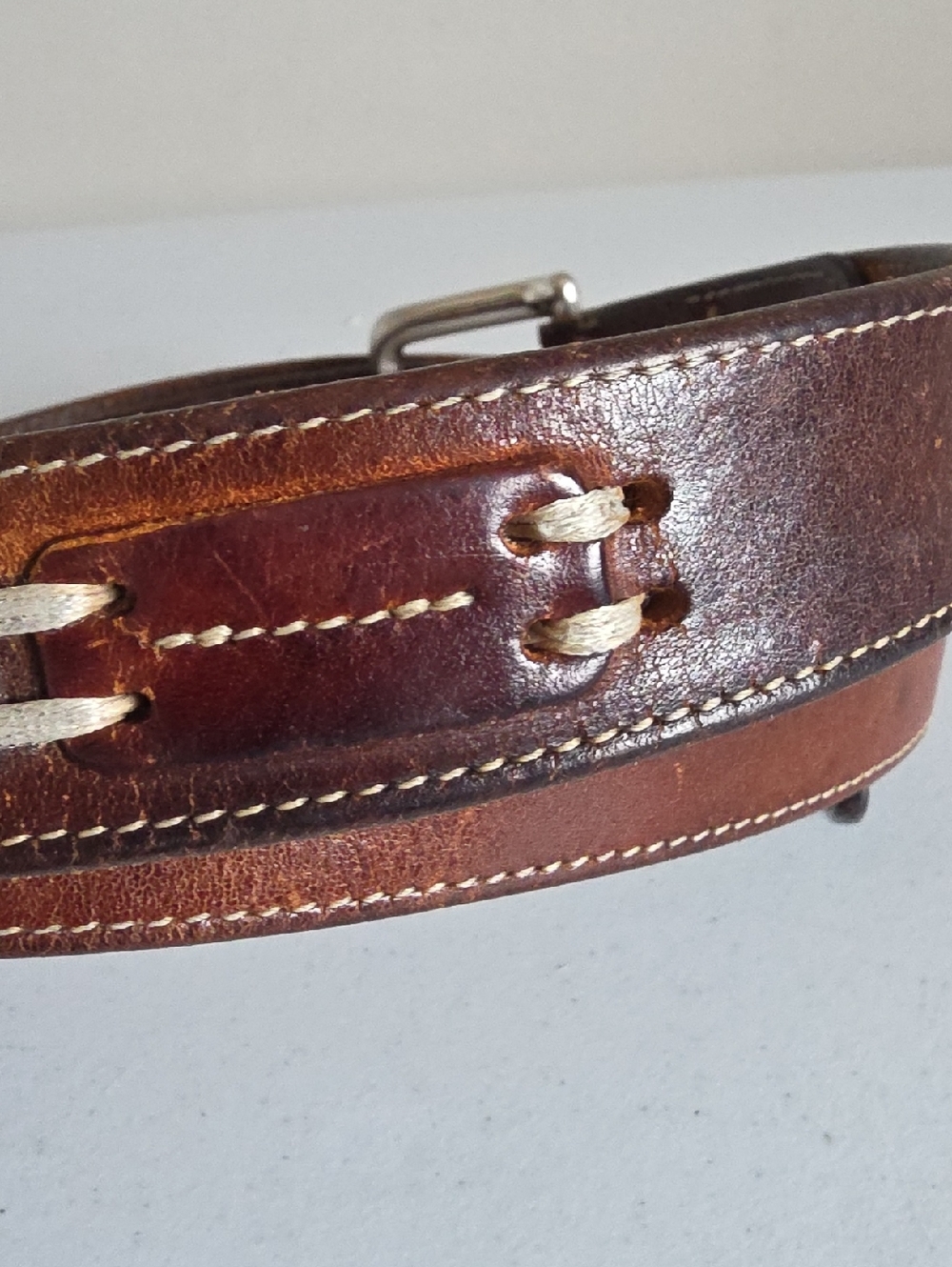 MADE IN ITALY brown leather belt contrast stitching overlay details Sz 38 - Picture 2 of 5